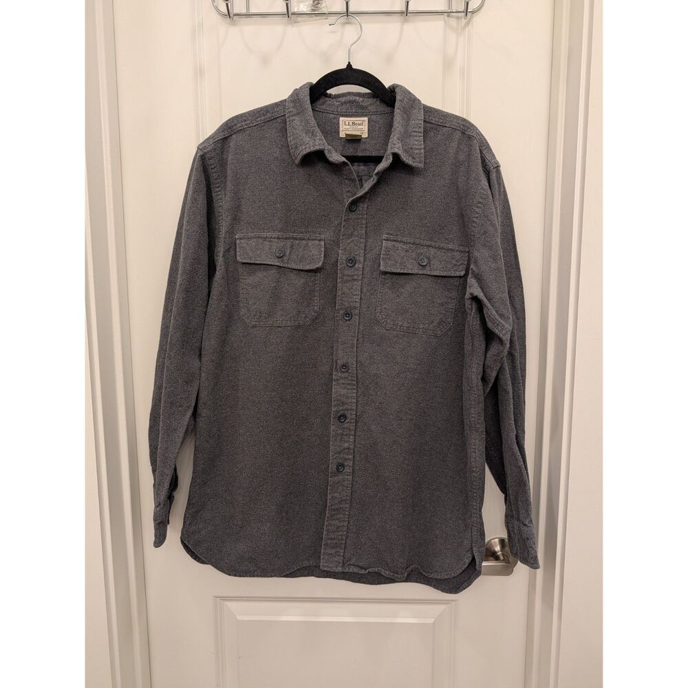 L.L. Bean Flannel Shirt Jacket Medium Gray Long Sleeve Button Down Shacket